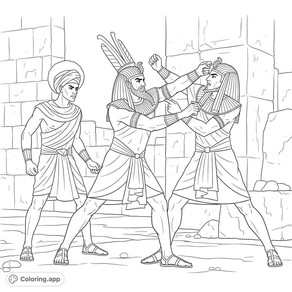 Witness a pivotal moment from ancient Egypt: Moses, in ornate Egyptian attire, in a fierce struggle, observed by a man with an Afro and wrapped cloth.