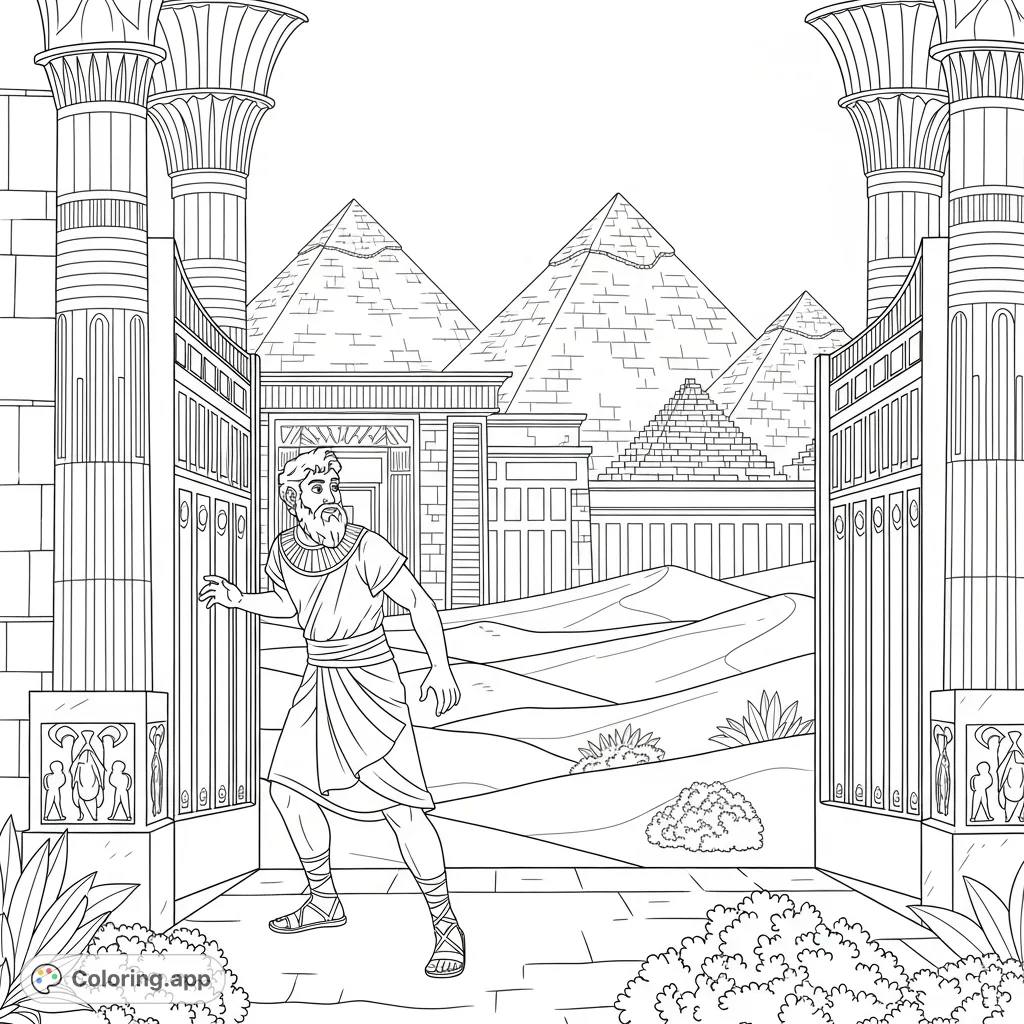 An engaging Moses coloring page depicting him fleeing the grand Egyptian palace, with majestic pyramids and a vast desert background, perfect for historical exploration.
