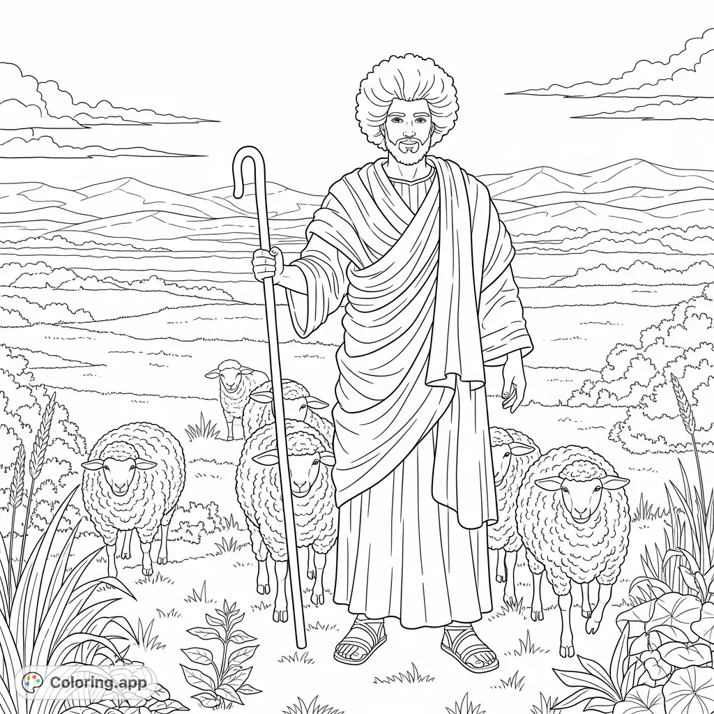 A powerful Moses with an impressive Afro guides his flock through a serene field in this unique biblical scene. Inspiring and detailed.