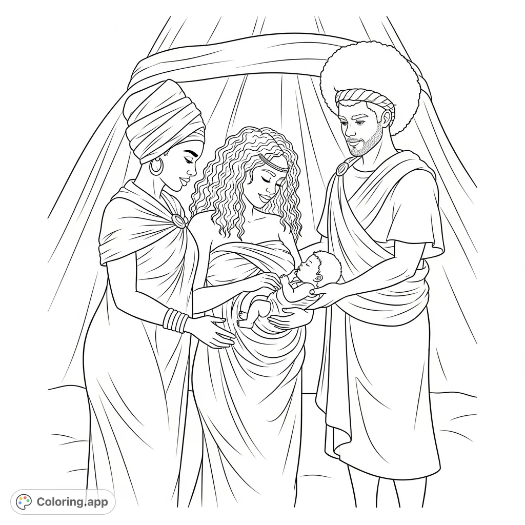 An intimate birthing scene unfolds in a tent, featuring a woman with kinky hair giving birth, supported by another woman, with Jacob and the newborn baby present.