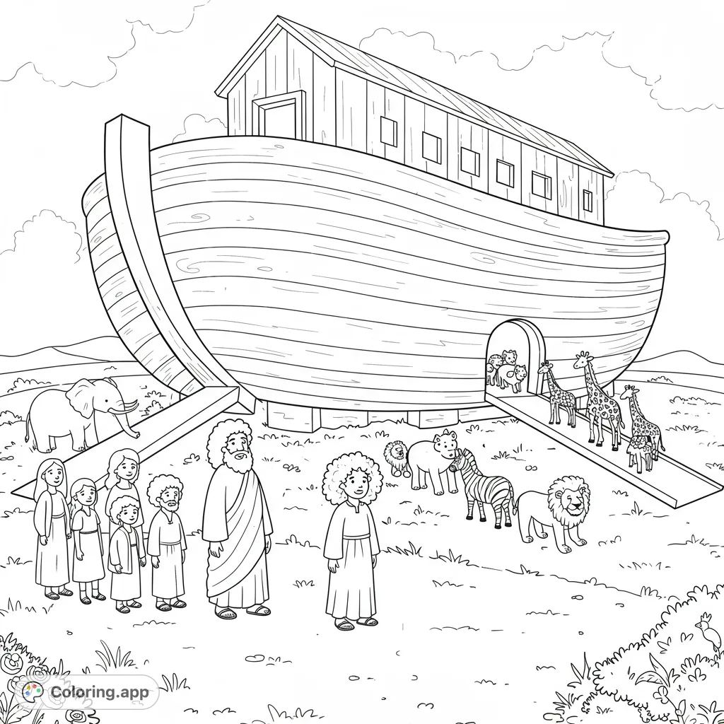 A detailed Noah's Ark scene featuring Noah, his family, and a grand procession of animals entering the massive ark, set against a vast landscape.