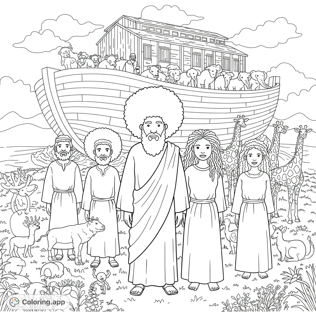 Embark on a biblical journey with Noah, his family, and a grand ark filled with diverse animals. A detailed scene for mindful coloring.