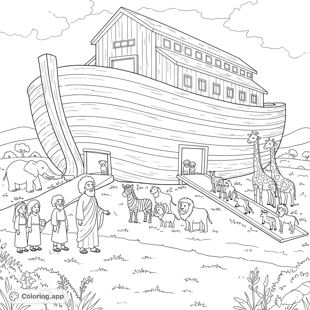A detailed Noah's Ark coloring page featuring Noah, his family with distinct hairstyles, and a grand procession of animals entering the massive vessel.