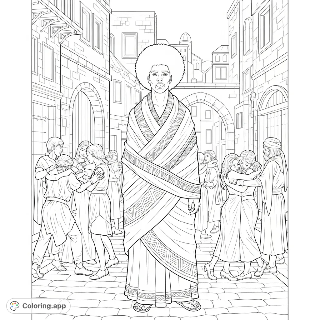 Explore a dynamic old city scene featuring a man with an Afro in wrapped cloth, surrounded by people in both conflict and embrace. A detailed coloring page.