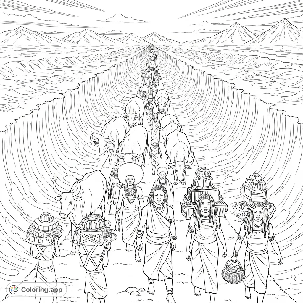 Witness a miraculous journey as a vast sea parts, revealing a path for people with Afros and kinky hair, dressed in wrapped cloth, leading animals and carrying treasures.