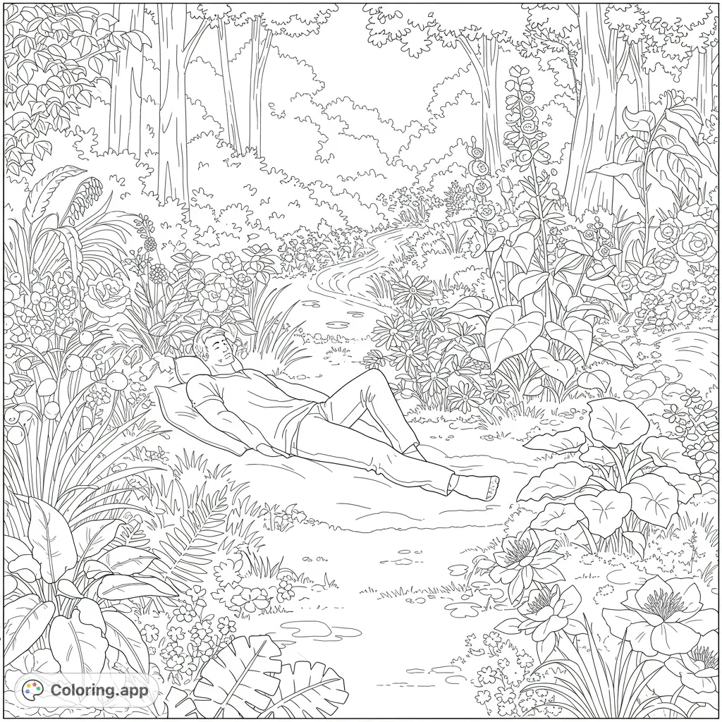 Discover a serene garden scene featuring a man peacefully resting amidst lush foliage and blooming flowers, perfect for tranquil coloring.