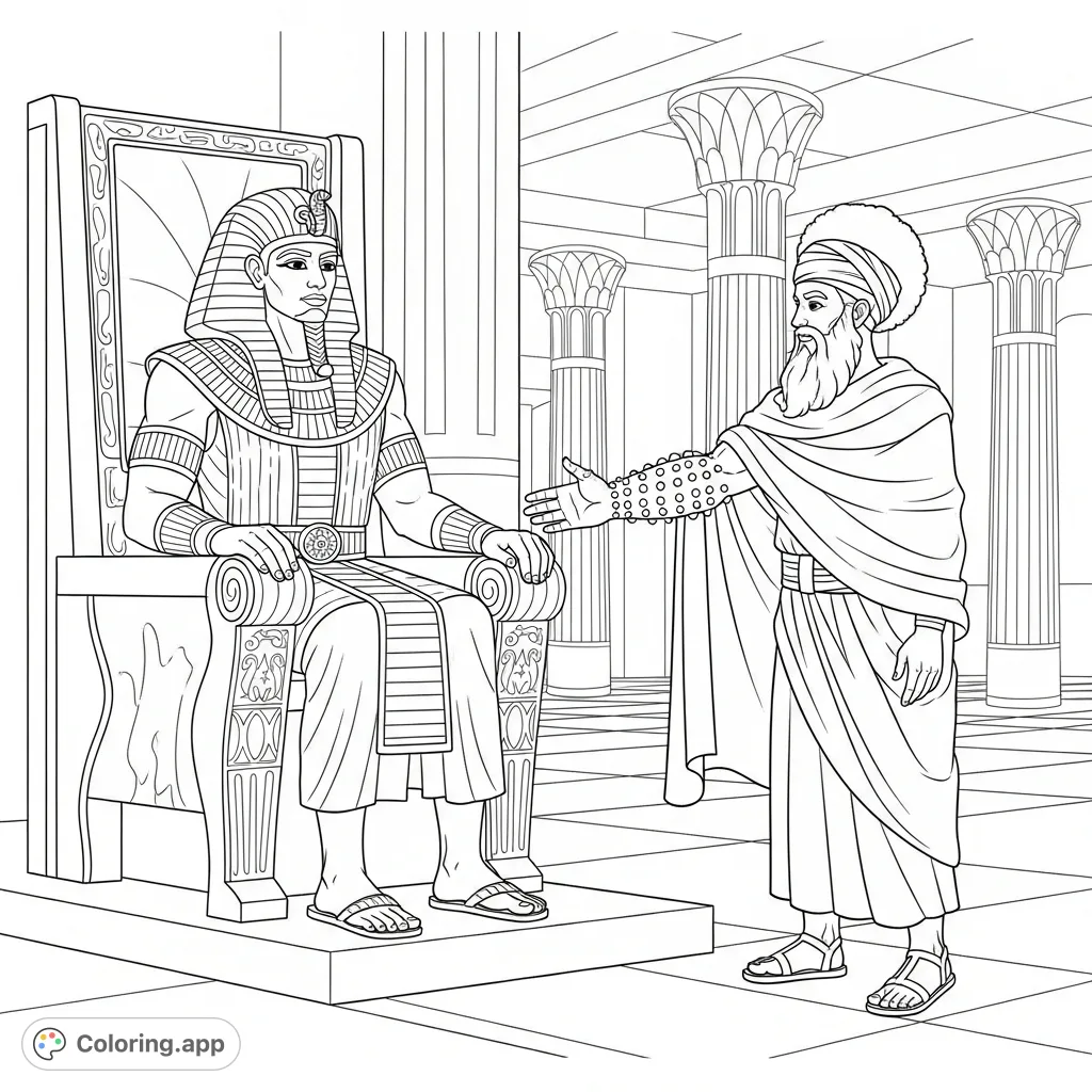 Witness a dramatic biblical moment: Pharaoh on his grand throne facing Moses, whose arm bears distinct textural bumps, set within an ornate palace. A detailed religious coloring page.