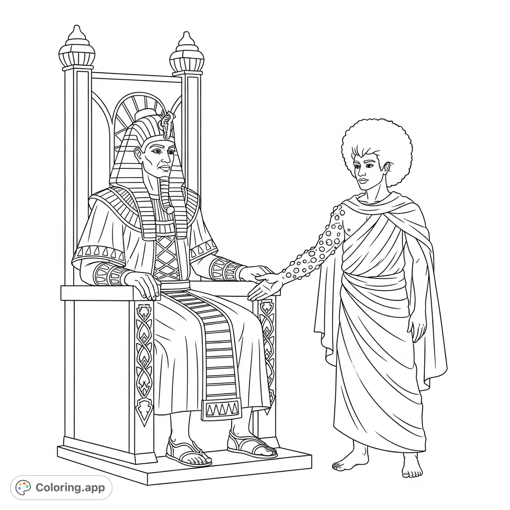 A powerful depiction of Moses, with an Afro, confronting Pharaoh on his elaborate throne, arm raised in challenge. A historical and dramatic scene for coloring.