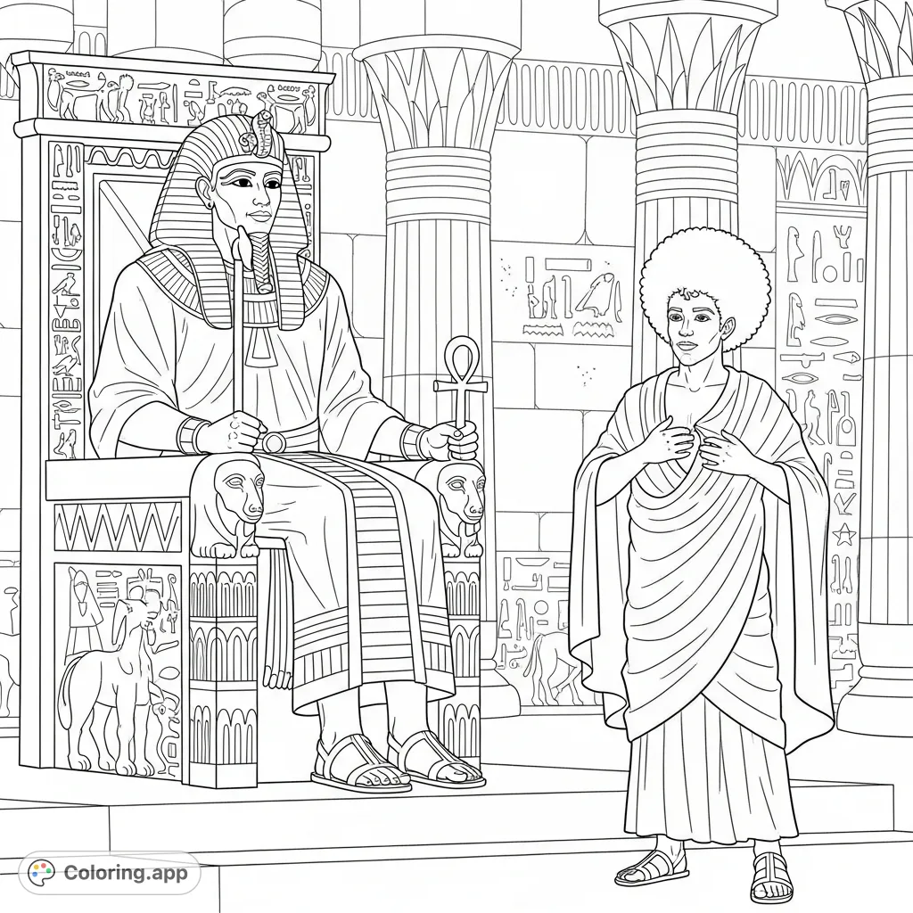 An intricate coloring page depicting a pharaoh on his ornate throne, facing Moses with a textured Afro, his hand mysteriously in his garment.