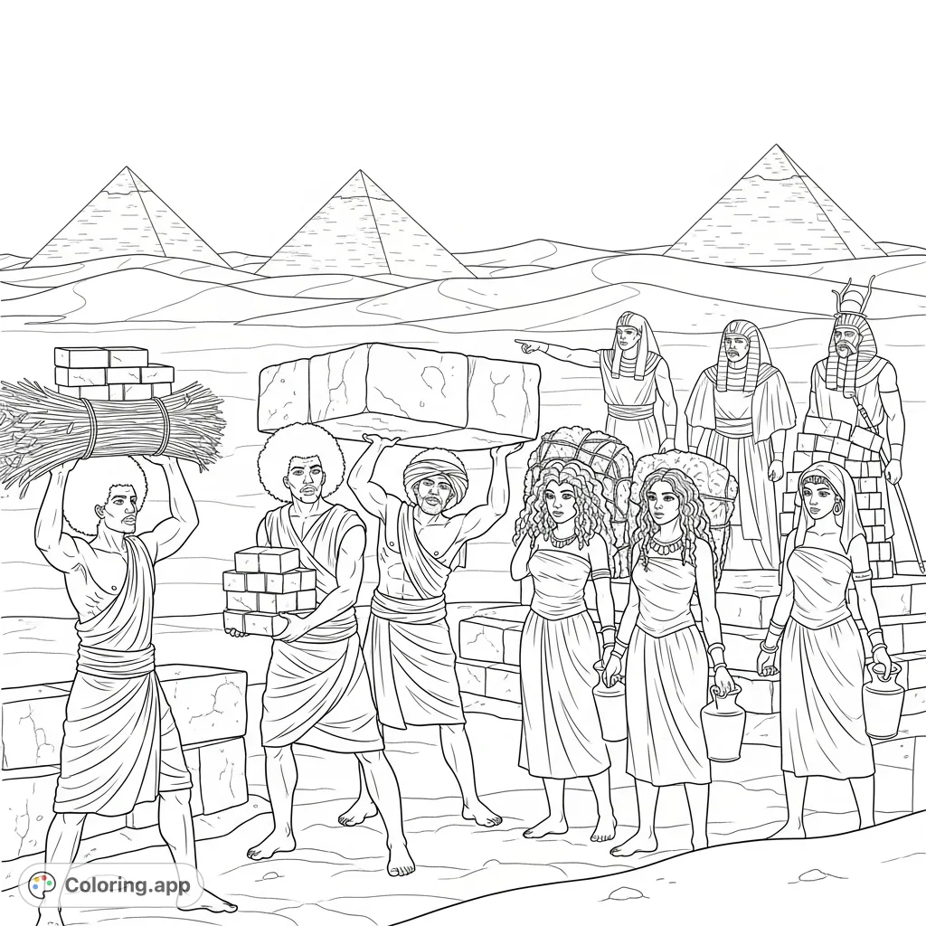 Depicts Israelite slaves, men with Afro hair and women with long kinky hair, toiling under Egyptian masters to construct massive pyramids in the desert.