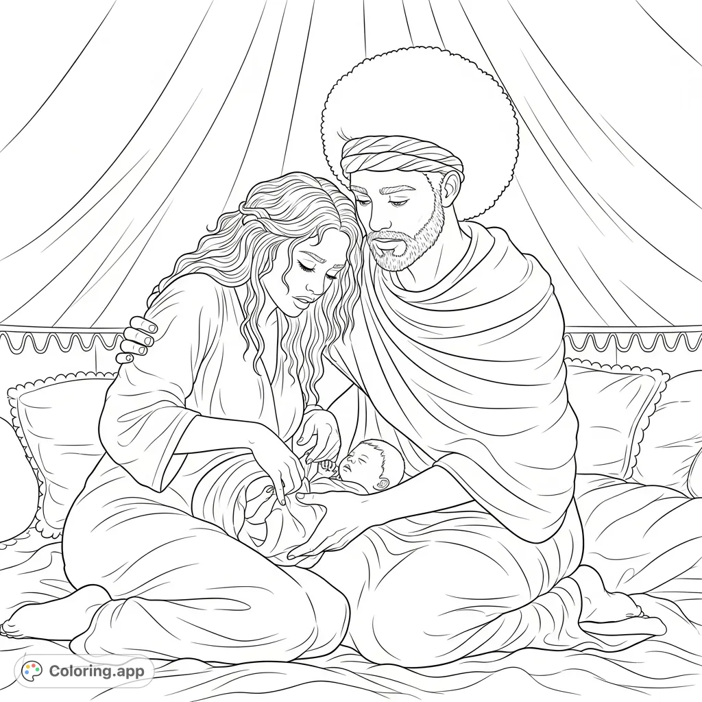 A tender scene of Rachel giving birth to a baby boy, supported by Jacob in a tent adorned with blankets. A powerful and intimate moment of new life.