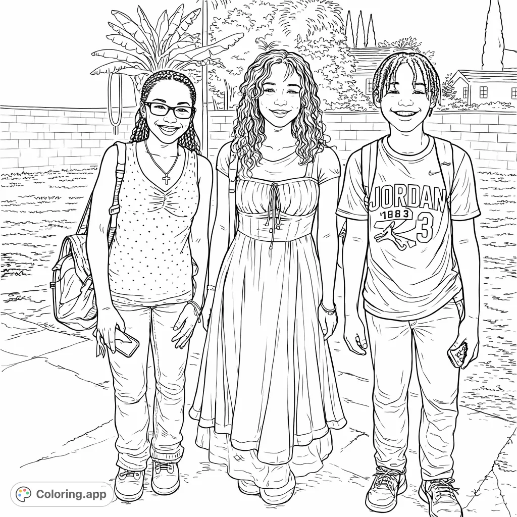 Capture the joy of friendship with this detailed coloring page featuring three smiling individuals in a casual outdoor setting, perfect for personalizing.