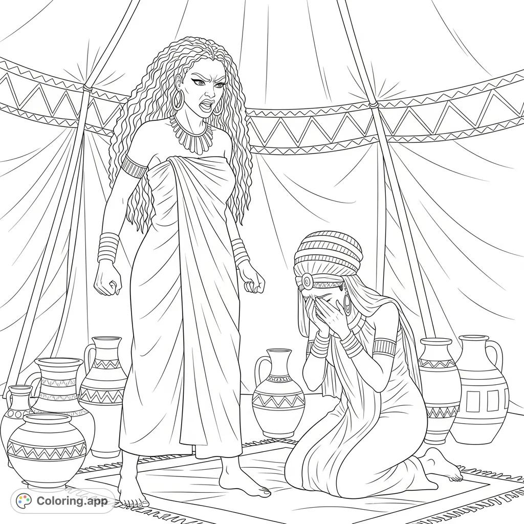 A dramatic tent scene depicting a woman with kinky hair angrily confronting another woman kneeling and crying amidst pottery and jugs. A powerful visual narrative.