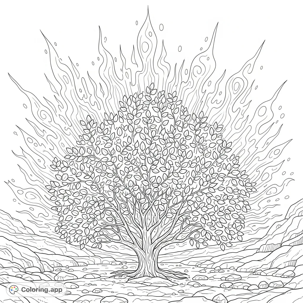 Experience the awe of the burning bush coloring page, a sacred symbol amidst a stark landscape with radiant, swirling energy. Perfect for reflection.