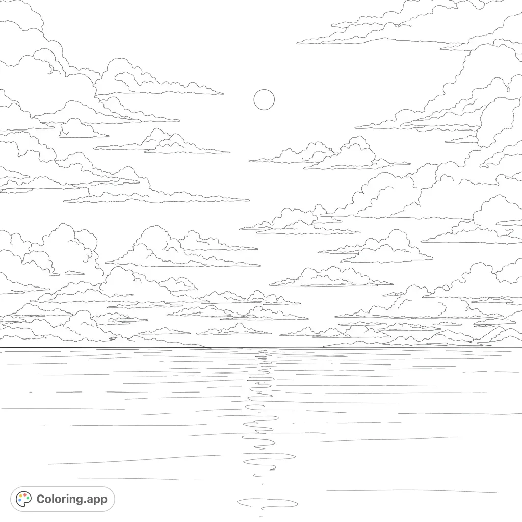 Explore a serene sky and water scene, perfect for blending and creating atmospheric effects. A free printable coloring page for all ages.