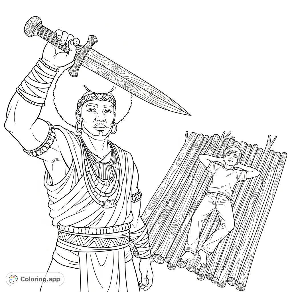 Explore a unique scene featuring a man in wrapped clothing with a raised wooden dagger and a teenage boy resting on wooden sticks. A cultural journey awaits!