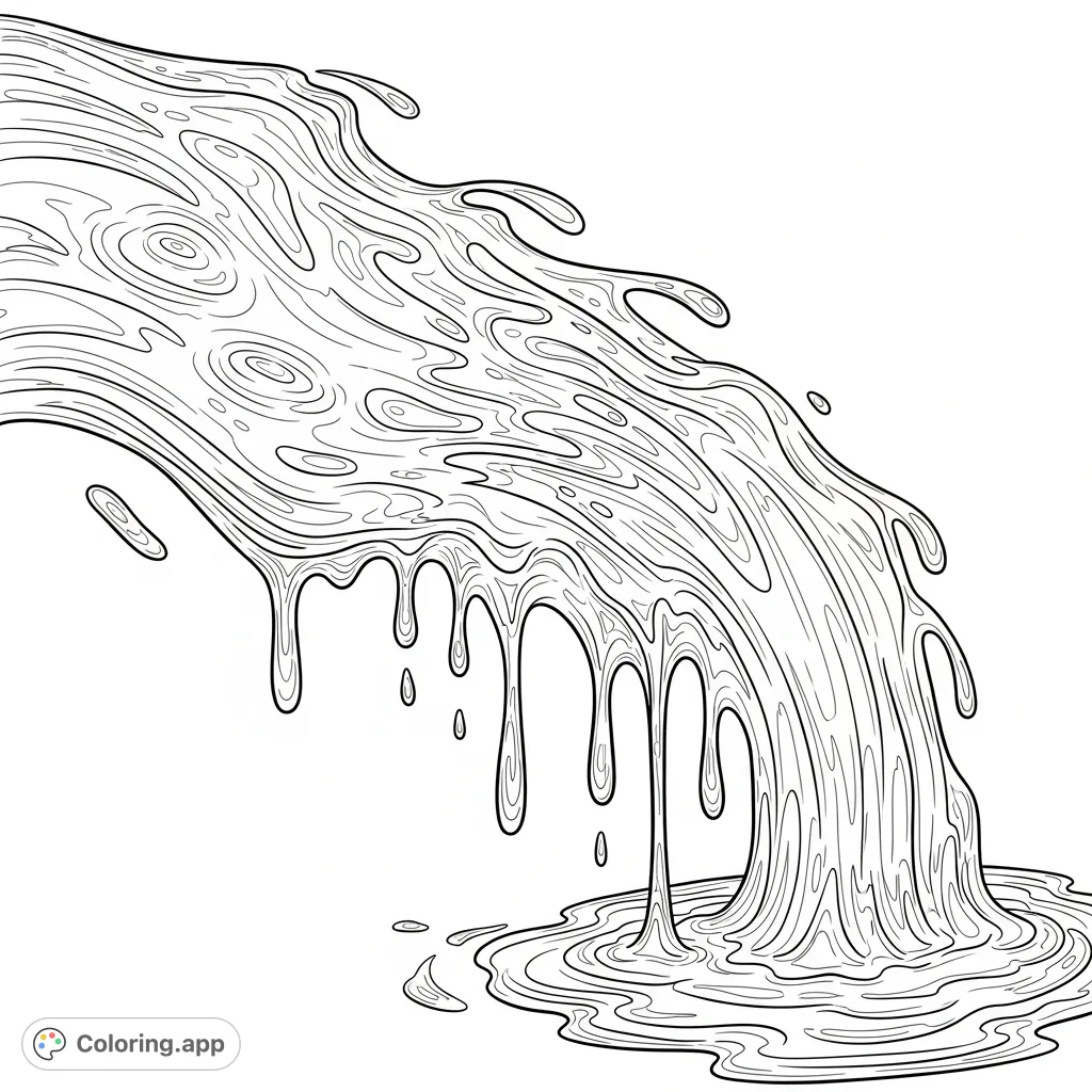 Witness a captivating metamorphosis as flowing water visibly transforms into a thick, swirling, viscous substance. A unique, visually rich coloring challenge.