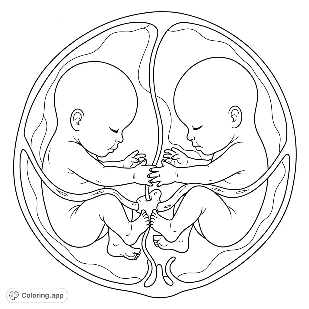 Explore the tender, dynamic interaction of twin fetal figures within the womb, one playfully grasping the other's heel. A unique celebration of new life.