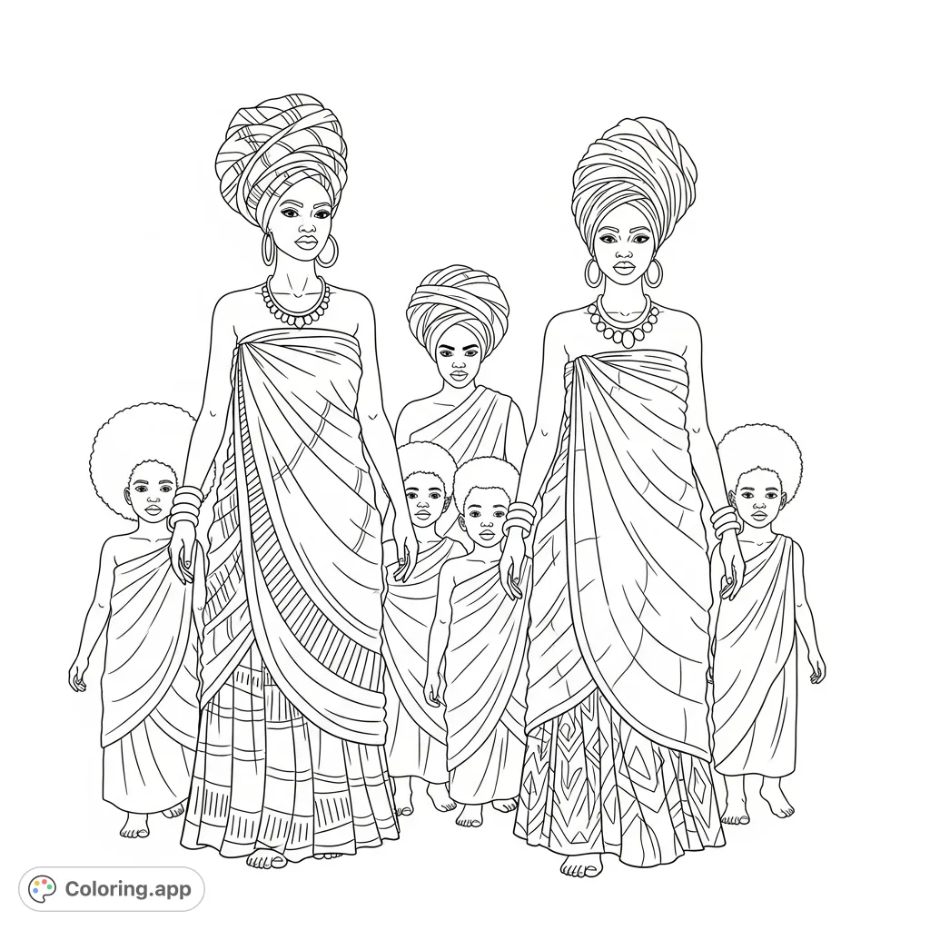 A beautiful scene featuring two women in head wraps and wrapped cloth dresses, with children sporting Afros and wrapped garments behind them. A cultural celebration.