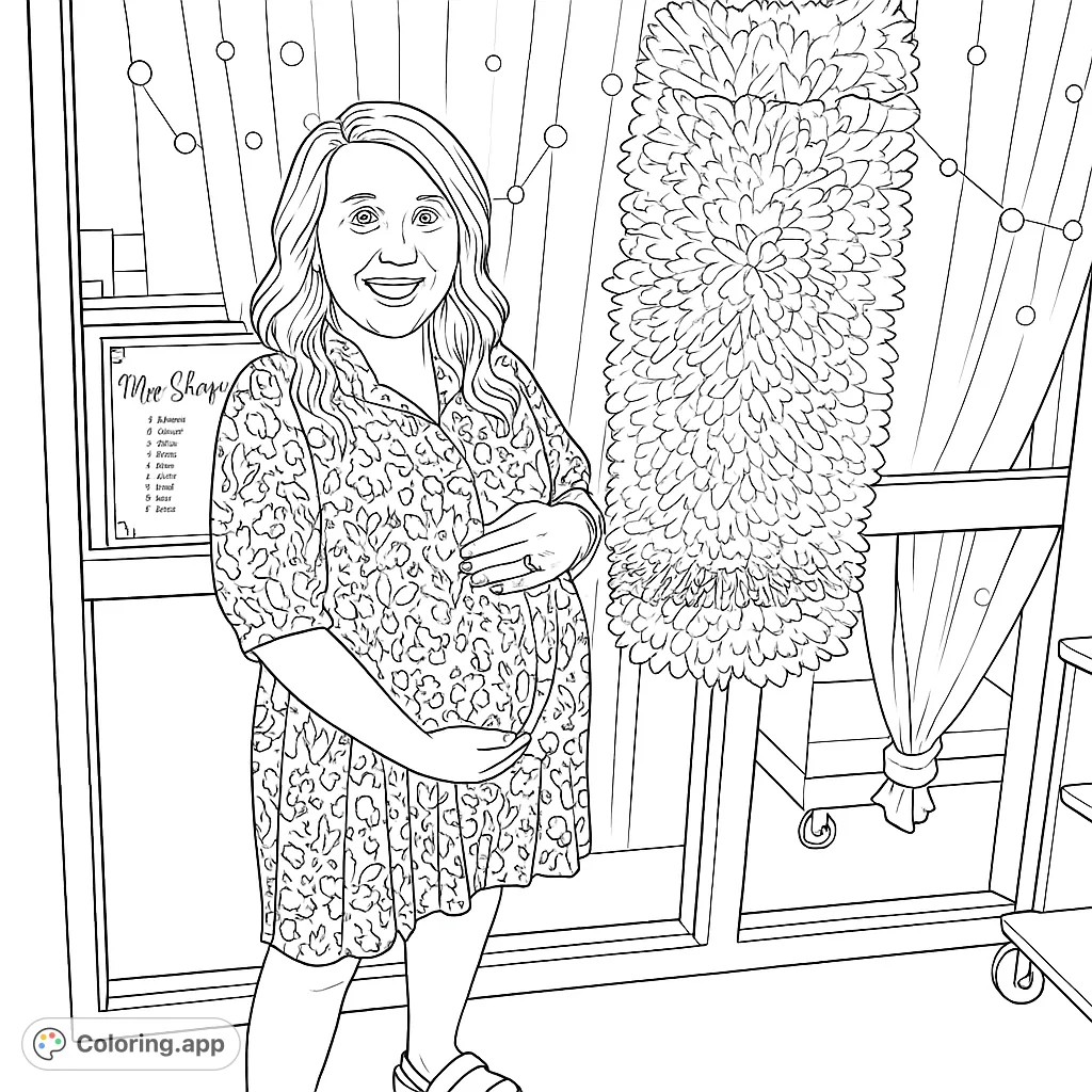 A smiling pregnant woman in a floral dress, standing beside a giant decorative pencil, ready for a new chapter. Perfect for celebrating educators and new beginnings.