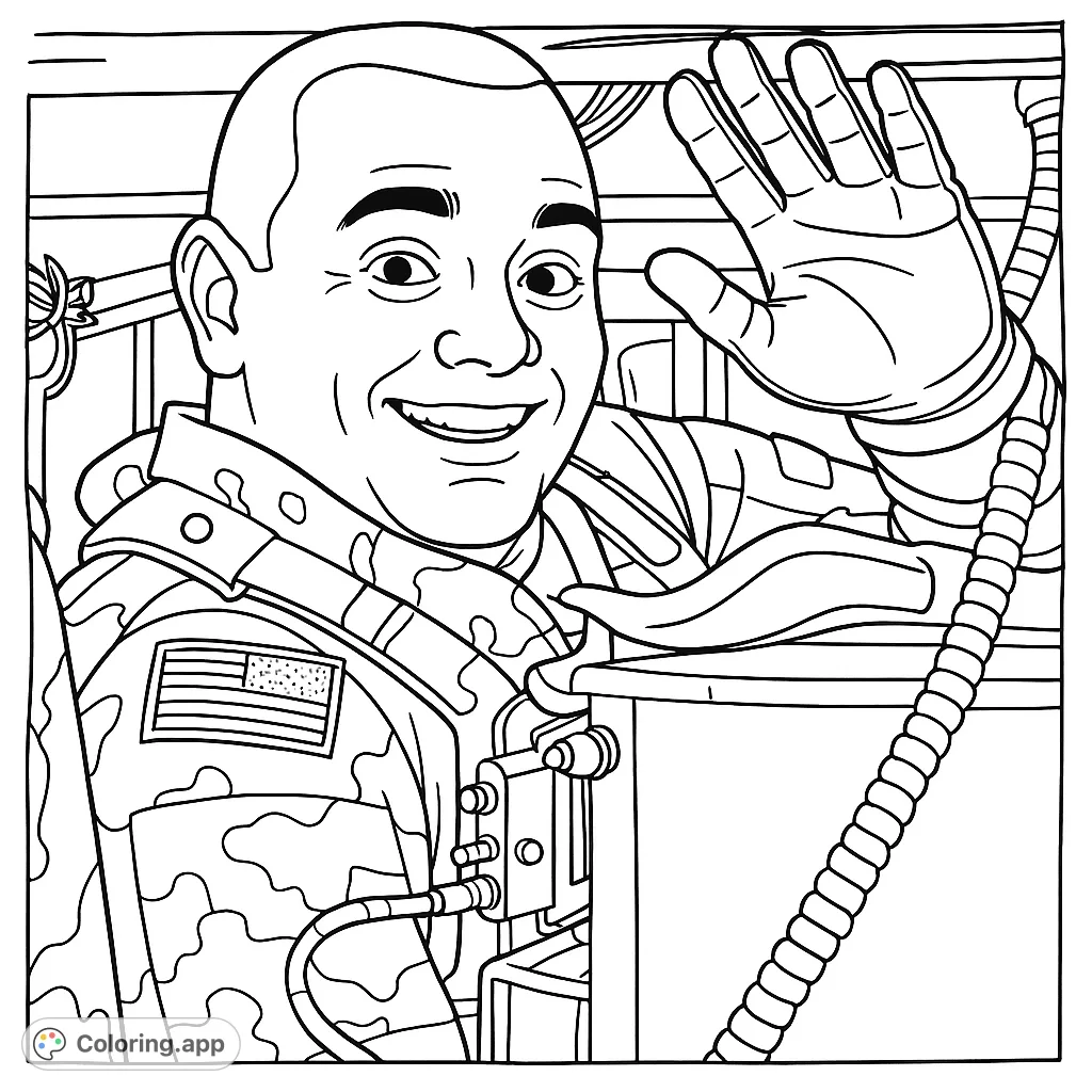 A detailed coloring page featuring a smiling soldier in uniform, waving from inside a vehicle, perfect for patriotic themes and appreciation.