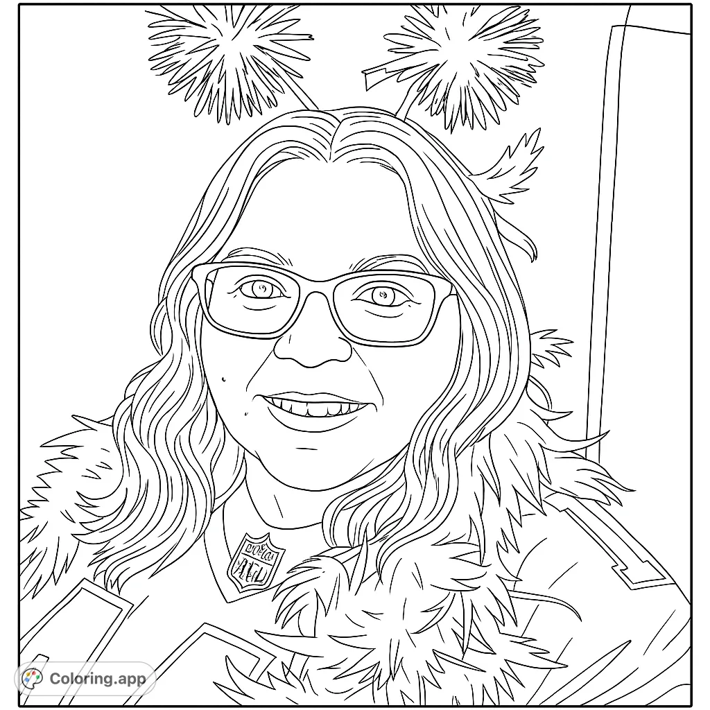 Capture the spirit of game day with this festive sports fan portrait. Features a smiling person in a jersey, feathery boa, and fun pom-pom headband.