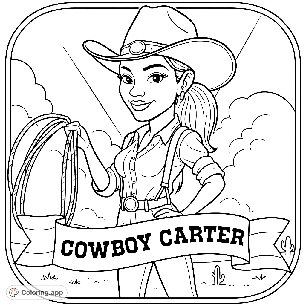 A spirited cowgirl holding a lasso, ready for adventure. Perfect for fans of western themes and strong characters. Free printable.