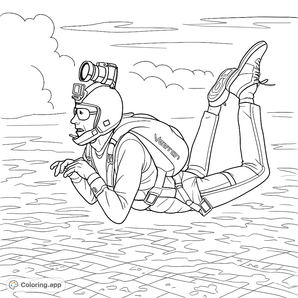 Experience the thrill of a skydiver in freefall, soaring above a vast landscape. A dynamic adventure scene for your creative coloring.