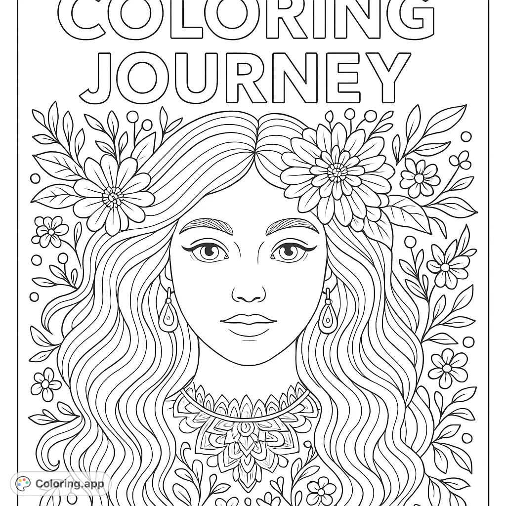 A beautiful portrait of a woman with flowing, wavy hair adorned with flowers and intricate patterns, perfect for a relaxing coloring experience.