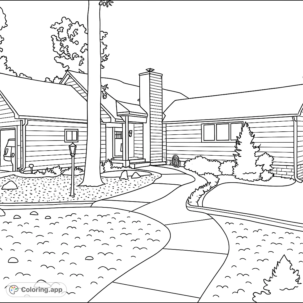 Explore a detailed suburban home with gabled roofs, a brick chimney, and inviting landscaping. Perfect for architectural enthusiasts.