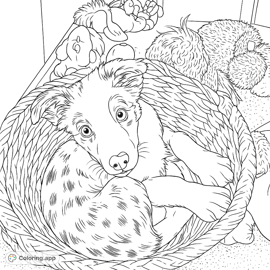 A charming puppy rests in a woven basket, surrounded by toys. A delightful free printable puppy coloring page for animal lovers of all ages.