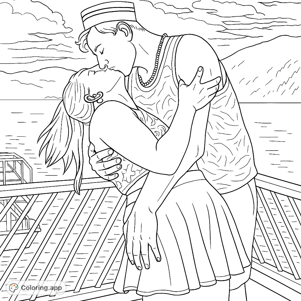 Capture a tender moment with this romantic couple on a boat, set against a scenic lake and mountains. Perfect for a love-themed coloring page.