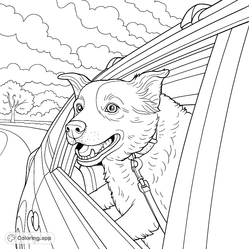 Capture the joy of a dog on a car ride! This delightful coloring page features a happy canine leaning out a window, ready for adventure.