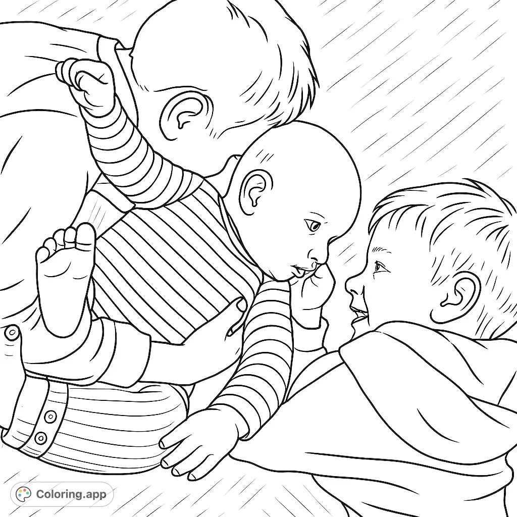 Capture the heartwarming bond of three children in a tender embrace. A delightful scene of sibling connection, perfect for a free printable coloring page.
