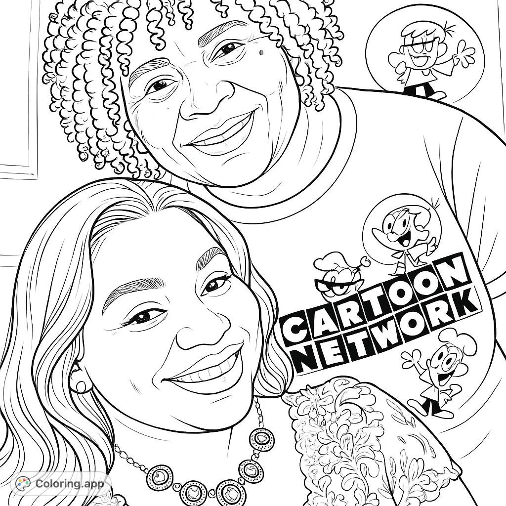 Capture the warmth of two smiling women, one with a fun cartoon shirt and the other with an elegant necklace. A heartwarming portrait for all ages.