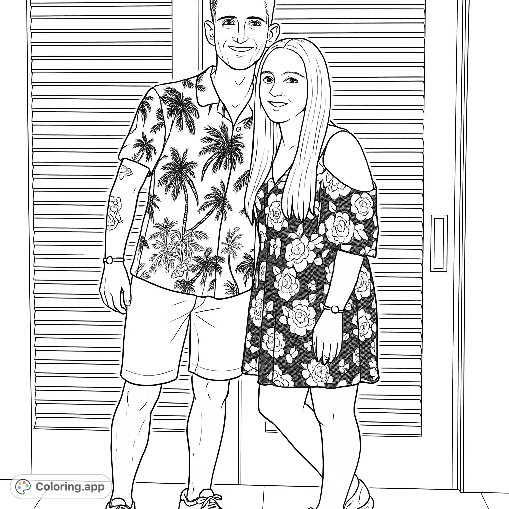 A delightful couple portrait featuring a man in a palm tree shirt and a woman in a floral dress, perfect for personalizing with your favorite hues.
