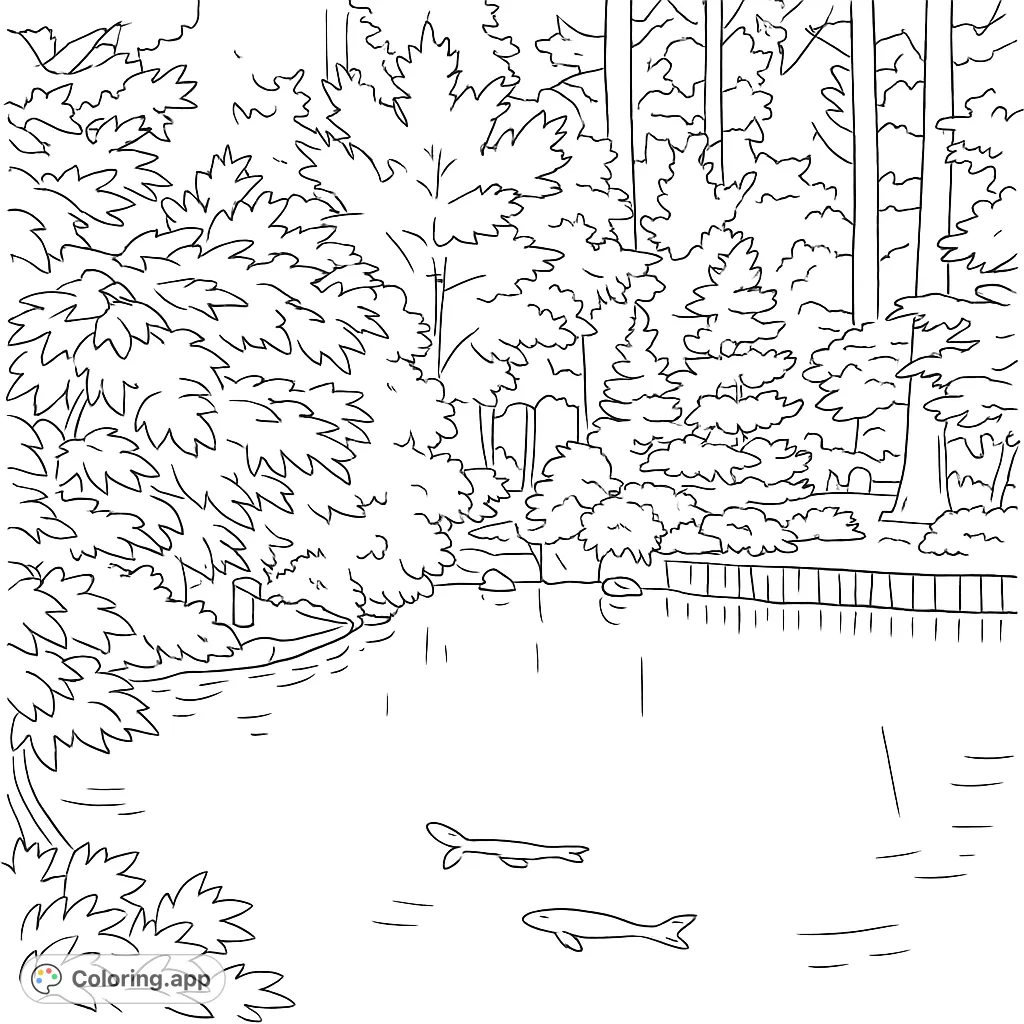 A tranquil garden pond scene featuring graceful fish swimming amidst a backdrop of diverse trees and natural elements, perfect for a relaxing coloring experience.