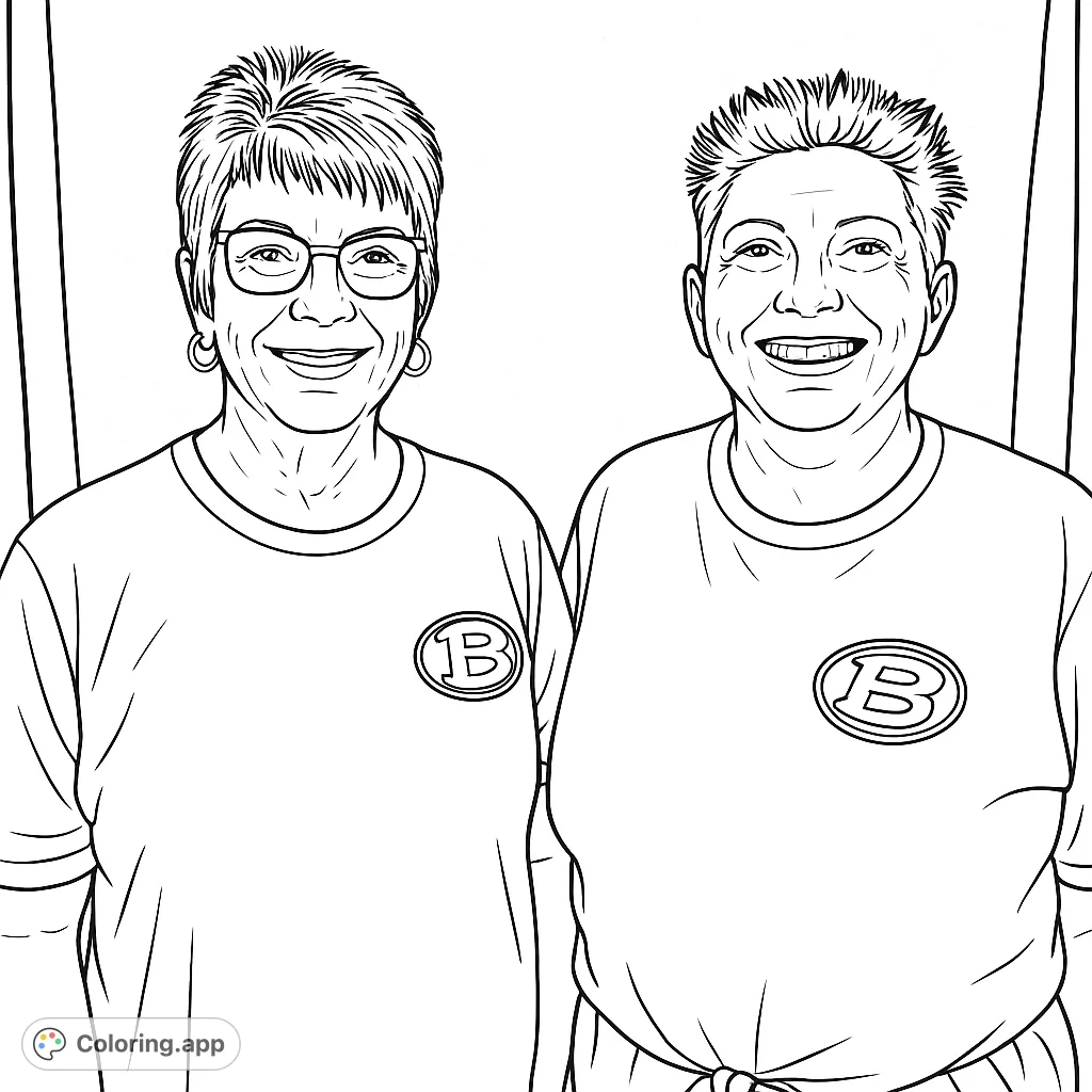 A friendly duo ready for coloring, featuring two smiling women in shirts with unique oval logos. Perfect for personalizing with your favorite team or organization colors.