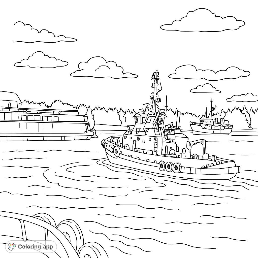 A detailed tugboat navigates a busy harbor, with other vessels and a treeline in the background. Perfect for maritime enthusiasts and all ages.