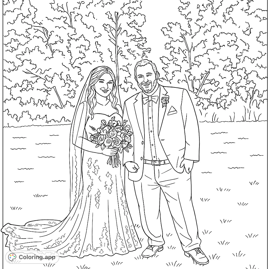 Celebrate love with this elegant wedding couple portrait. Features a bride in a detailed gown and a groom in a suit, set against a natural backdrop.