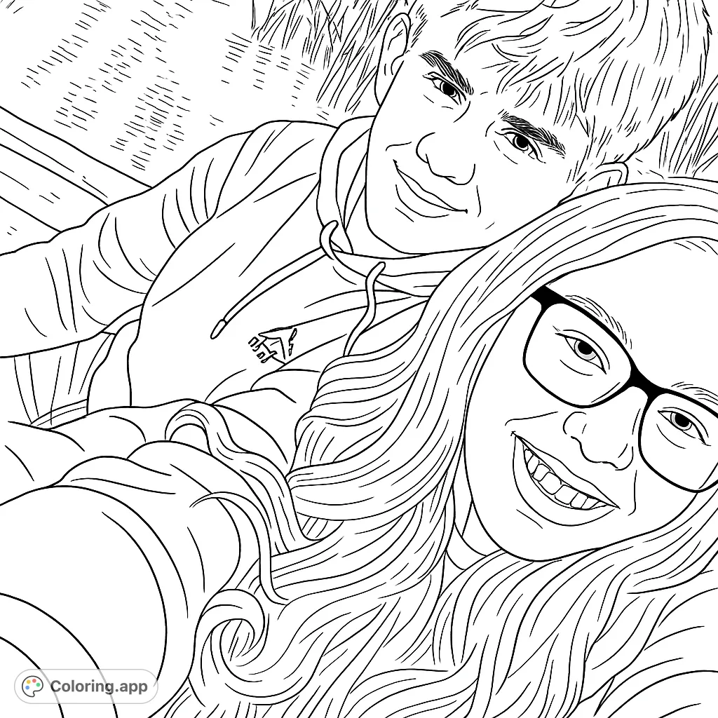 A heartwarming scene of two friends by the water, perfect for a relaxing coloring experience. Capture their smiles and the serene outdoor setting.