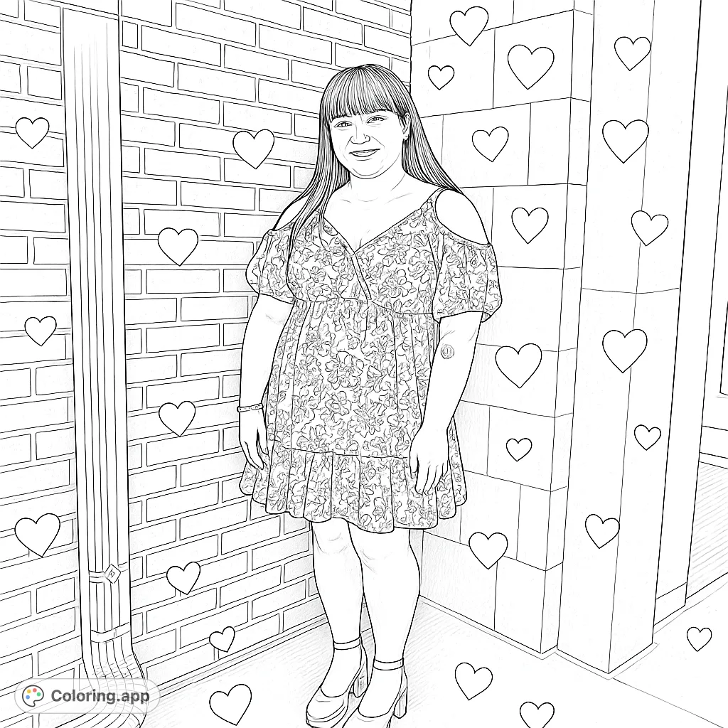 A highly detailed coloring page featuring a person in a beautiful floral dress and platform heels, set against a textured wall, with added heart patterns.