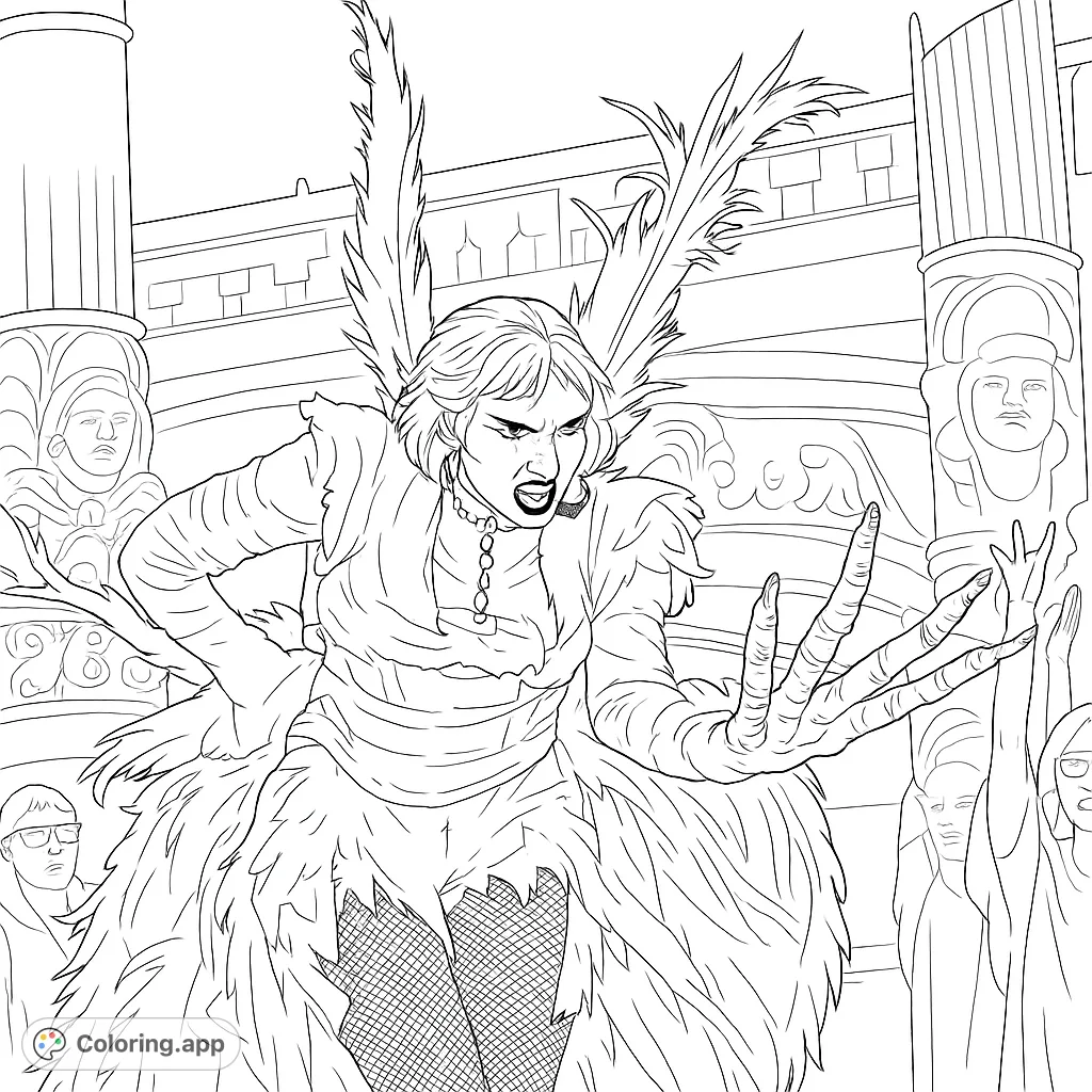 Unleash your creativity on this unique feathered performer coloring page. Intricate costume details and a dramatic stage setting await your artistic touch.