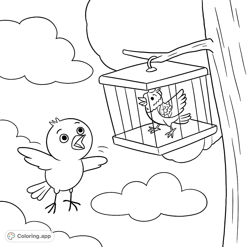 A heartwarming bird coloring page featuring a free bird soaring and another in a hanging cage. Perfect for imaginative young artists.