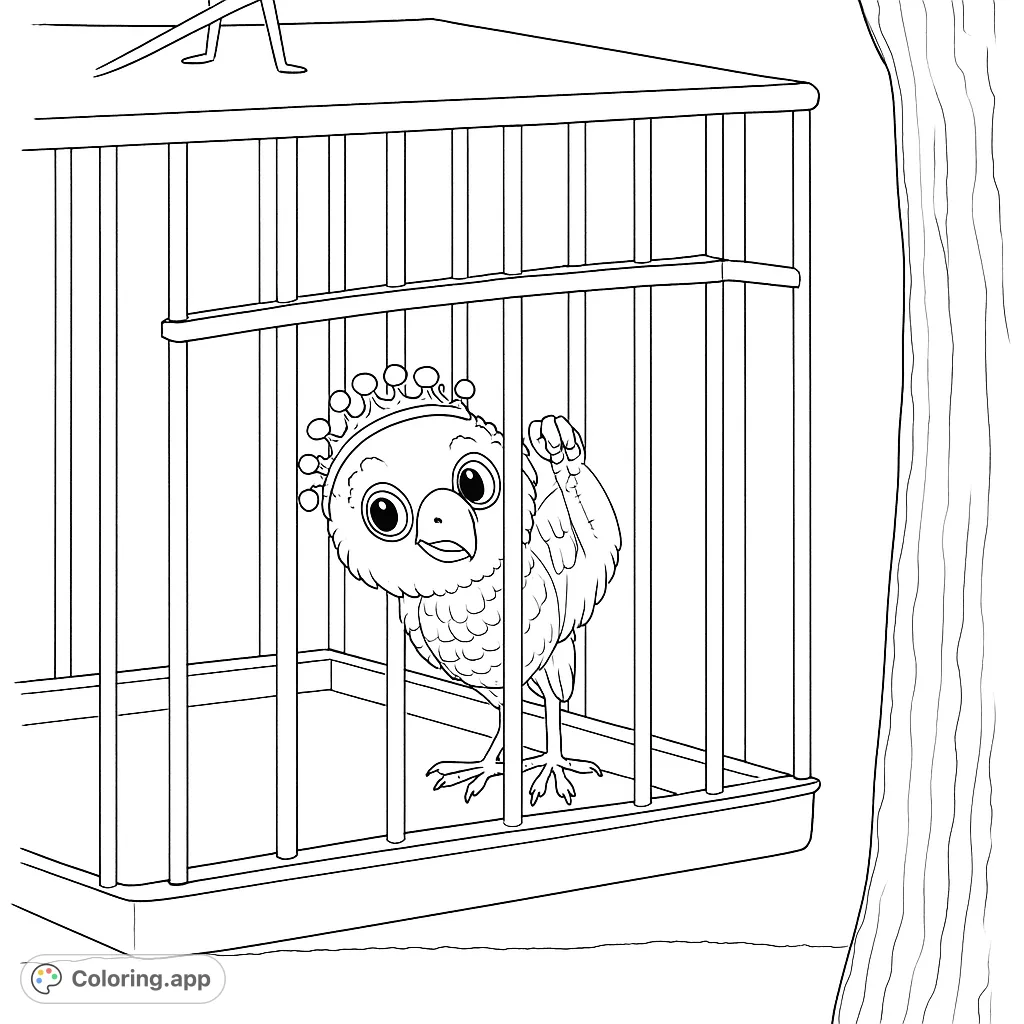 A charming coloring page featuring a small, crowned bird inside a hanging birdcage, set against a natural outdoor background. Perfect for all ages.