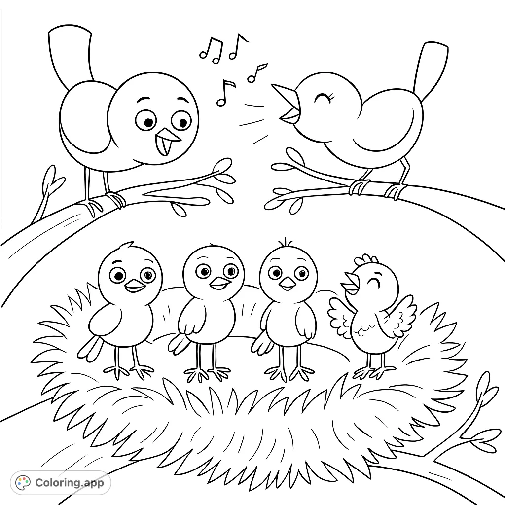 A charming bird family scene with two adult birds on branches and four adorable baby birds in a cozy nest, perfect for nature lovers.