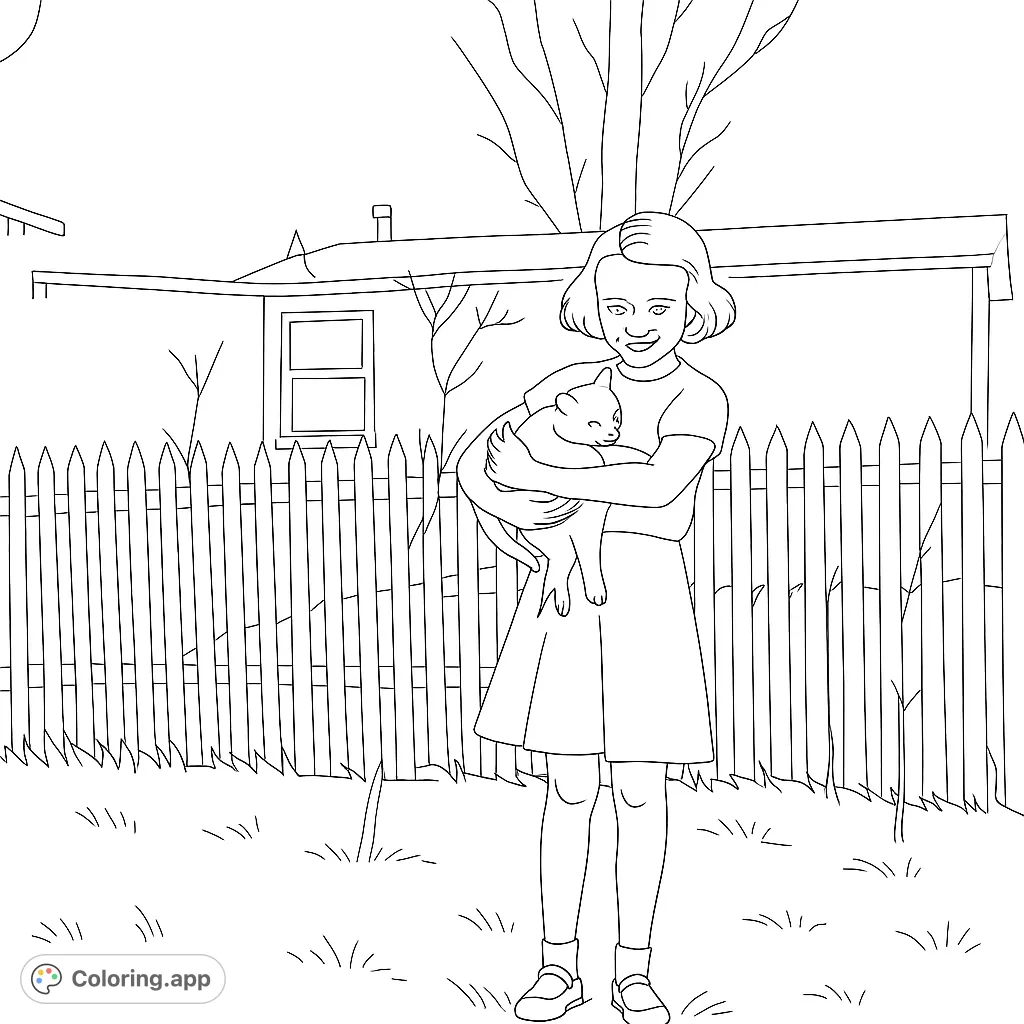 A charming scene featuring a young girl gently holding a small farm animal in a backyard setting with a picket fence. Perfect for a delightful coloring experience.