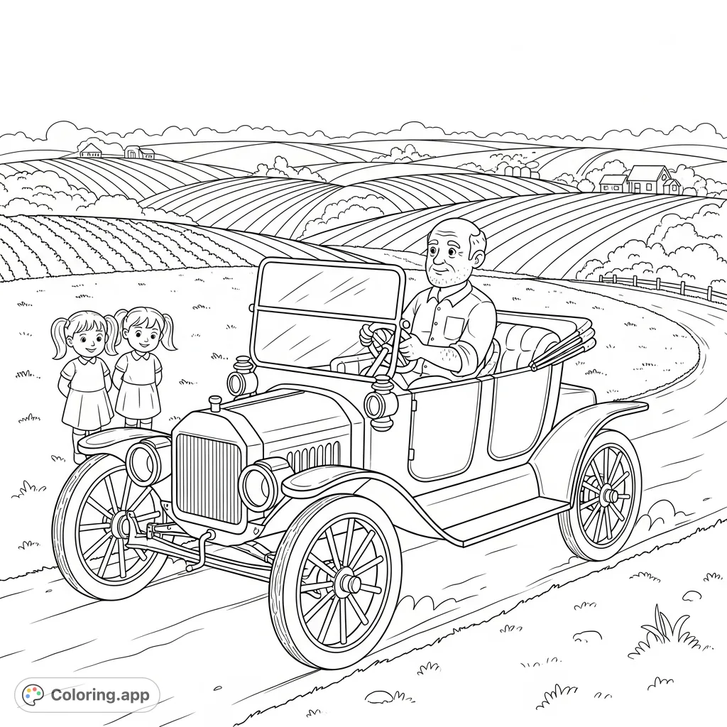 An older man drives a classic Model T through farmlands, while two young twin girls watch him depart. A nostalgic scene perfect for a vintage car coloring page.