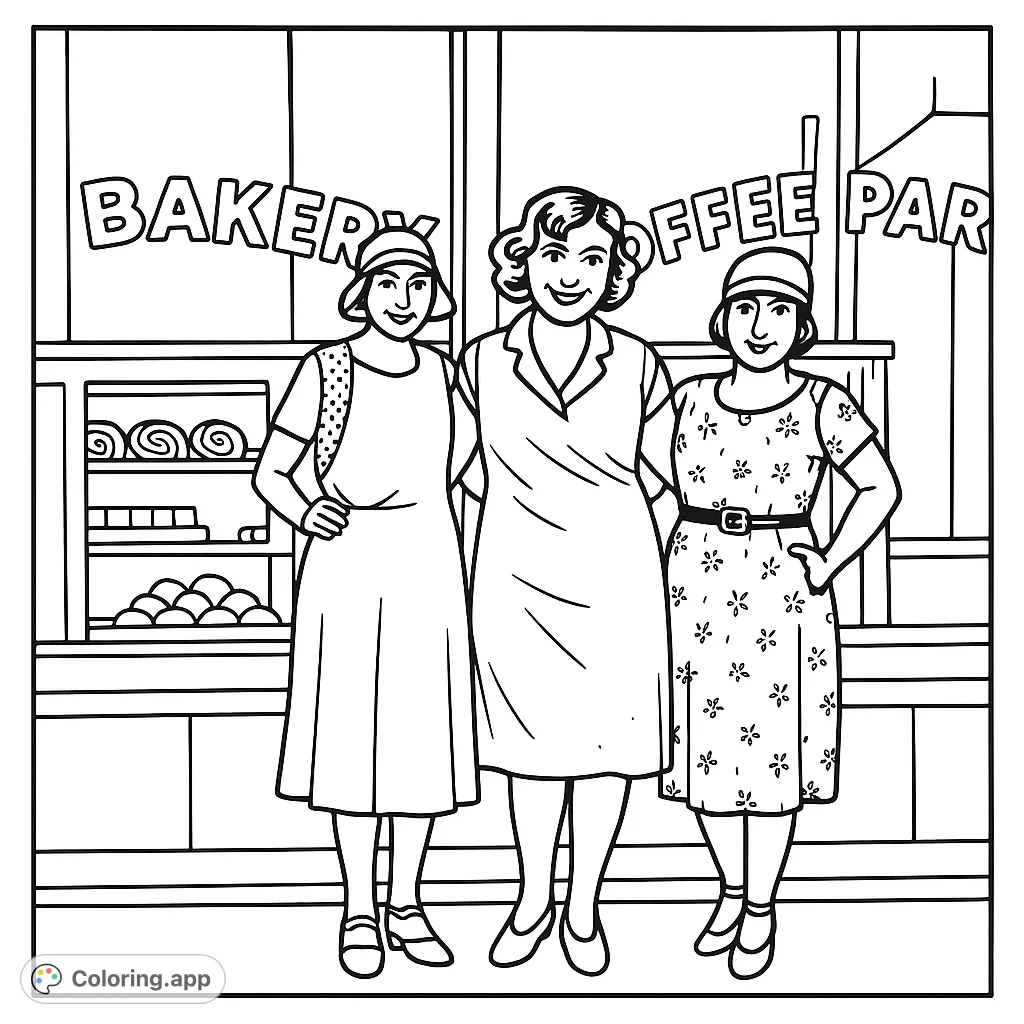 Step back in time with this charming vintage bakery scene featuring three stylish women from the 1920s. A delightful cartoony coloring page.