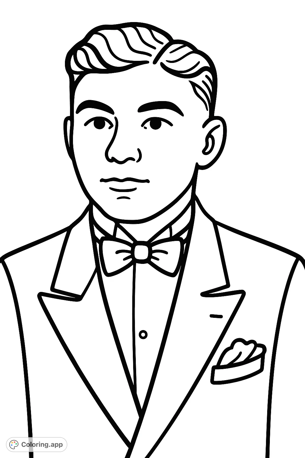 A dapper young man in a classic suit and bow tie, ready for a formal event. This vintage-inspired portrait offers a sophisticated coloring experience.